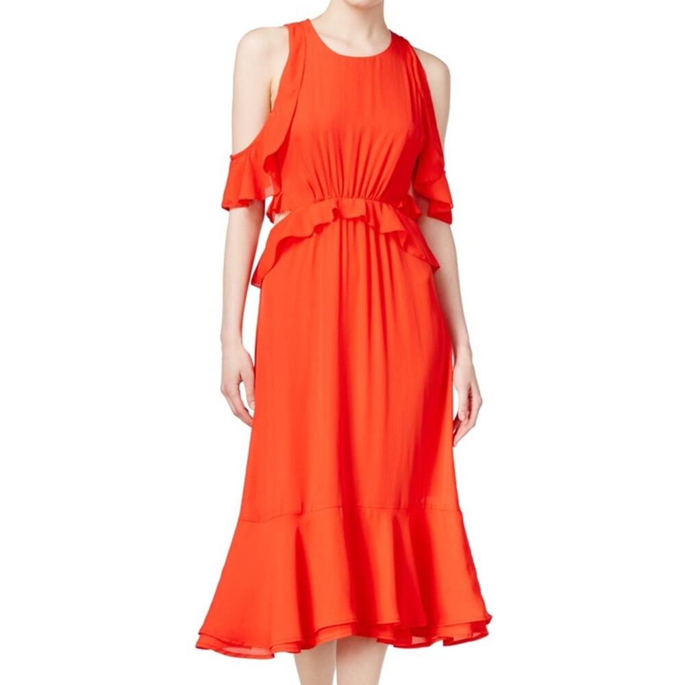 Maison Jules Ruffle Flutter Open Back Cold Shoulder Midi Flowy Womens Dress Med